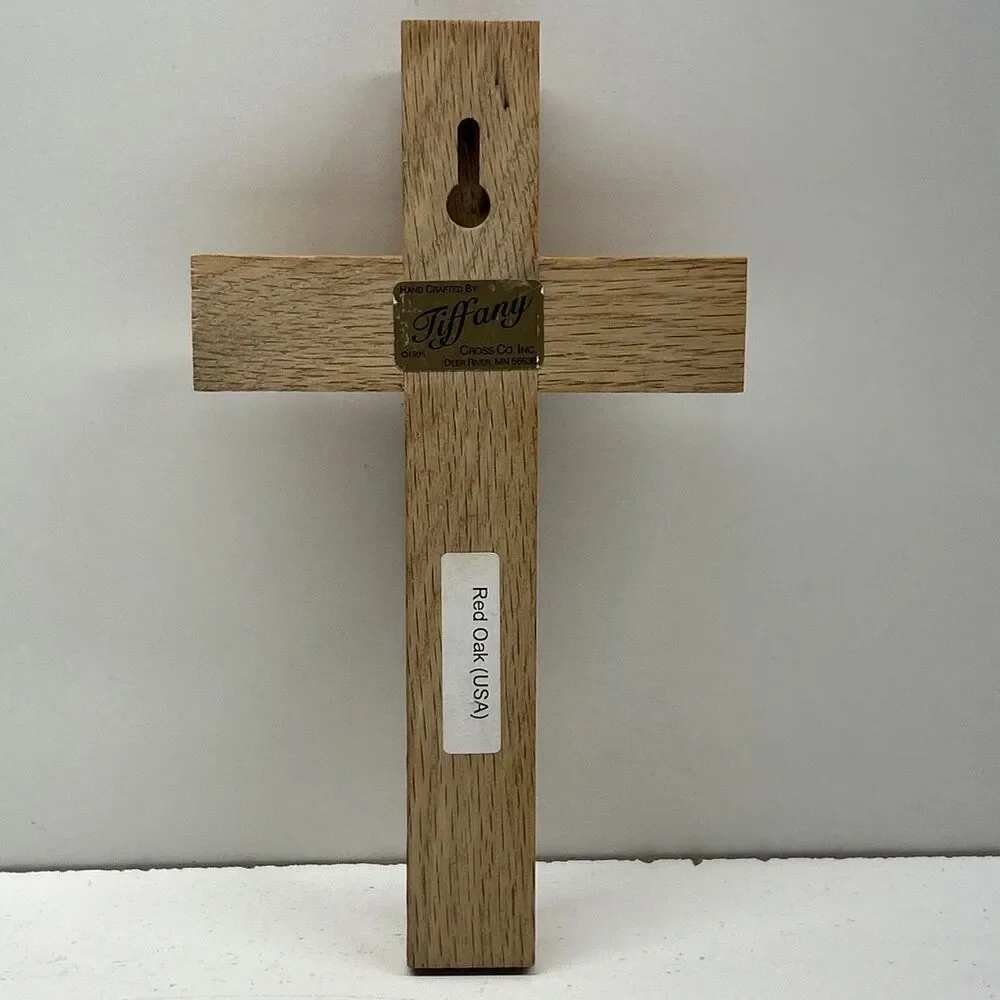 Vintage 1995 Tiffany Cross Co. Handcrafted Red‎ Oak Wall Crucifix W/ Jesus INRI